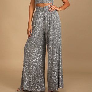 Lulus Flawless Sparkle Silver Sequin Wide-Leg Pants - Size L